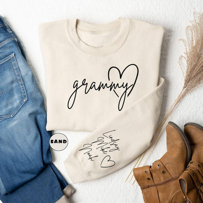 Personalized Grammy Sweatshirt, Cute Granny Outfit With Grandkids Names On Sleeve