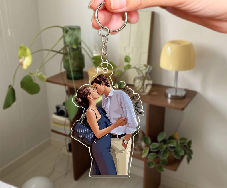 Custom Couple Photo Portrait, Personalized Keychain Matching Valentine Gift for Him
