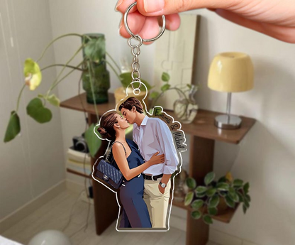 Custom Couple Photo Portrait, Personalized Keychain Matching Valentine Gift for Him