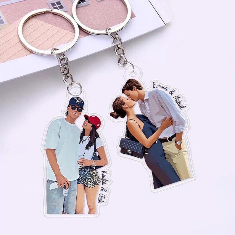 Custom Couple Photo Portrait, Personalized Keychain Matching Valentine Gift for Him