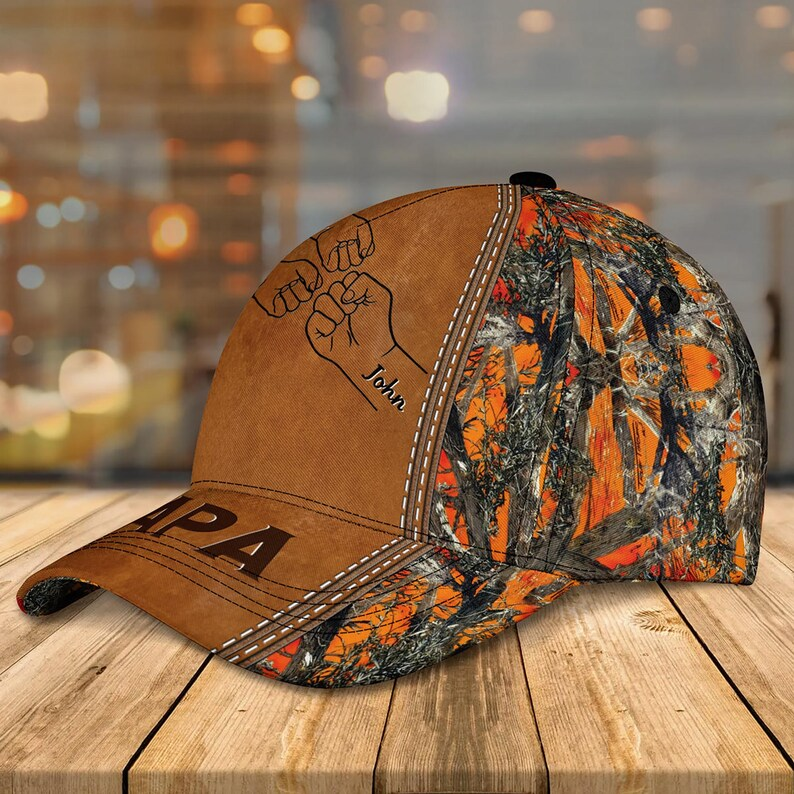 Personalized Dad Hat – Papa with Kids' Names and Fist Bump Design, Camouflage Style, Father’s Day Gift