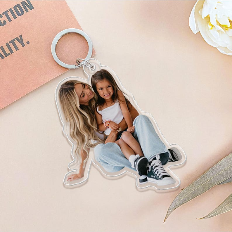 Custom Family Photo Portrait Memories Keychain, Acrylic Personalized Keepsake Gift for Parents Kids Grandparents Loved Ones