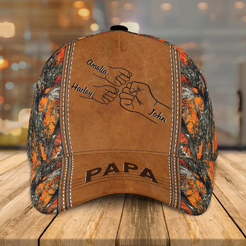 Personalized Dad Hat – Papa with Kids' Names and Fist Bump Design, Camouflage Style, Father’s Day Gift