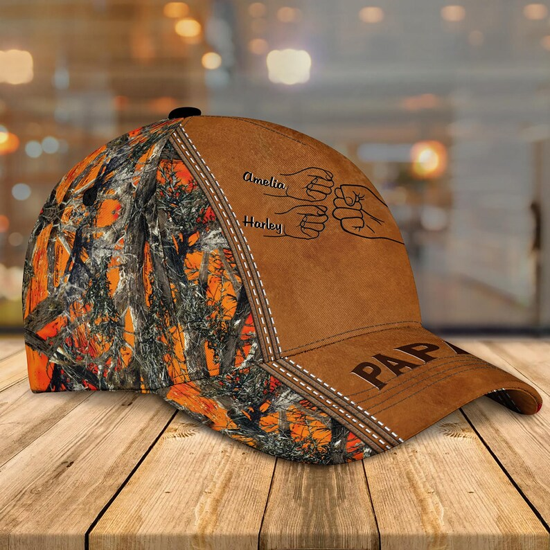 Personalized Dad Hat – Papa with Kids' Names and Fist Bump Design, Camouflage Style, Father’s Day Gift