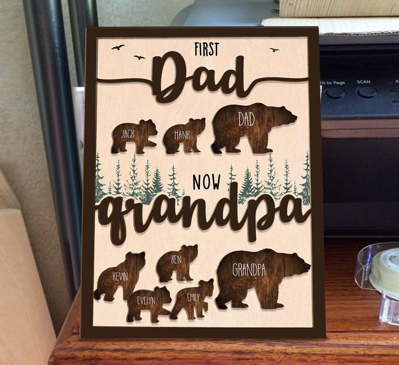 Personalized Grandpa Sign, First Dad Now Grandpa Wood Decor, Custom Kids Names Bear Family Wall Art, Gift for Grandfather
