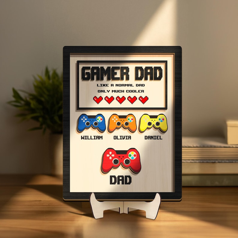 Personalized Gamer Dad Wood Sign, Custom Kids Names Game Controller Wall Art, Gift for Dad Birthday Fathers Day