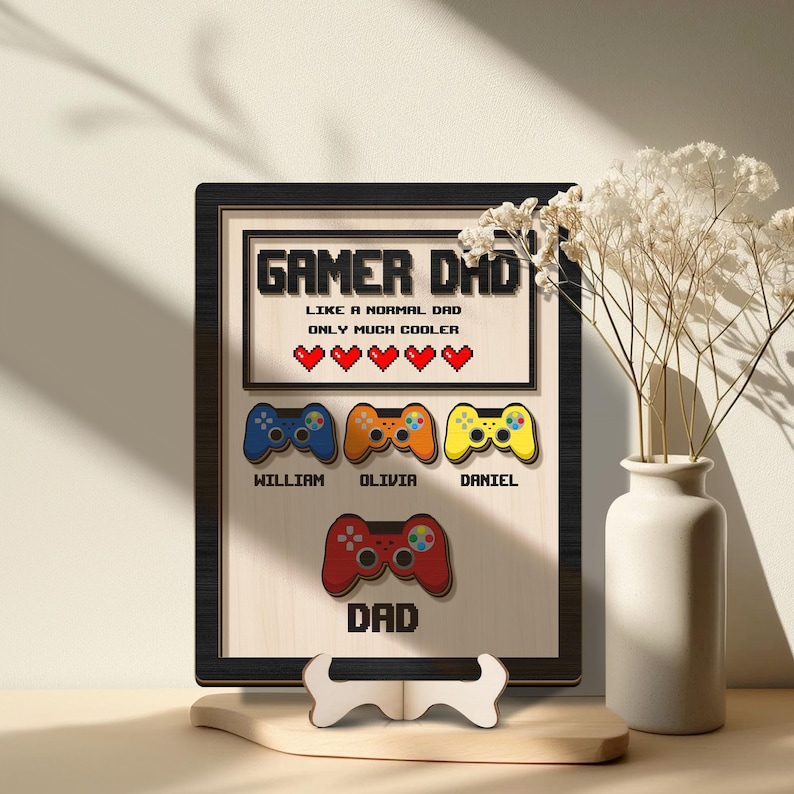 Personalized Gamer Dad Wood Sign, Custom Kids Names Game Controller Wall Art, Gift for Dad Birthday Fathers Day