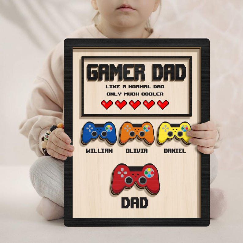 Personalized Gamer Dad Wood Sign, Custom Kids Names Game Controller Wall Art, Gift for Dad Birthday Fathers Day