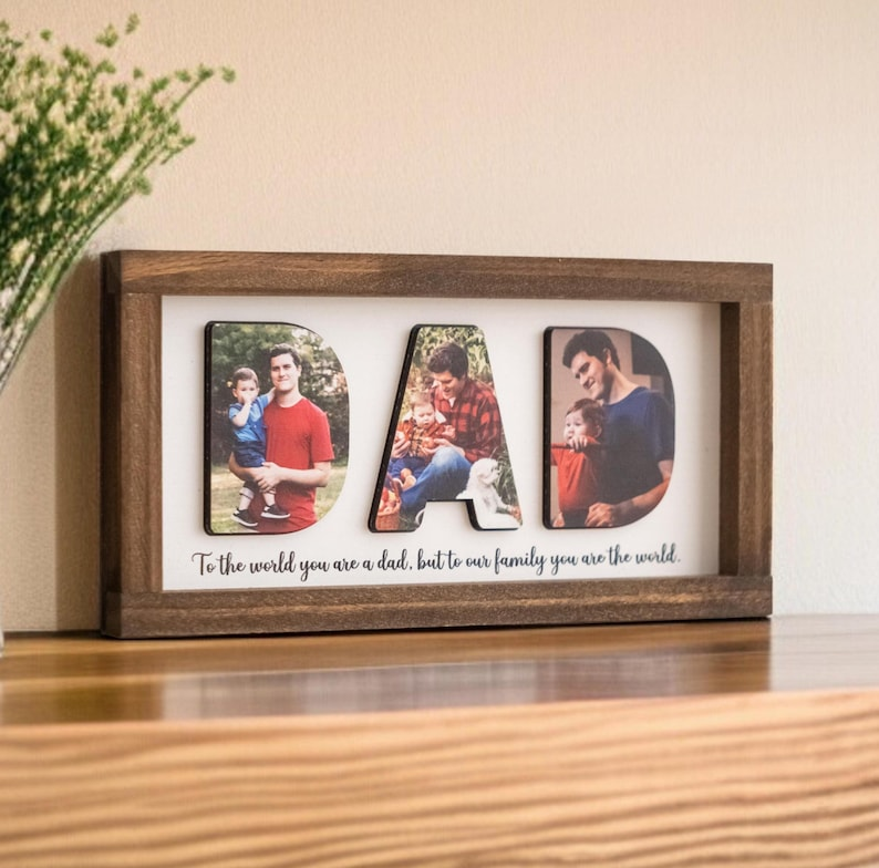 Personalized Dad Photo Wood Sign, Custom Picture Collage Gift for Father, Wooden Desk Decor with Family Photos