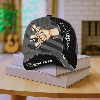 Custom Trucker Hat for Papa – Fist Bump Design with Kids' Names and Heartbeat, Ideal Father’s Day Gift