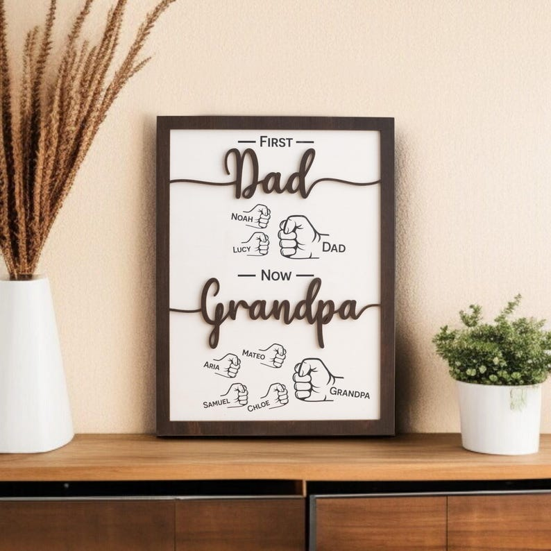 Personalized First Dad Now Grandpa Wood Sign, Custom Family Names Gift, Meaningful Grandpa Gift from Kids