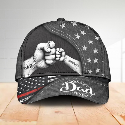Personalized Best Dad Ever Hat – Custom Dad Fist Bump Design with Kids' Names, Patriotic American Flag