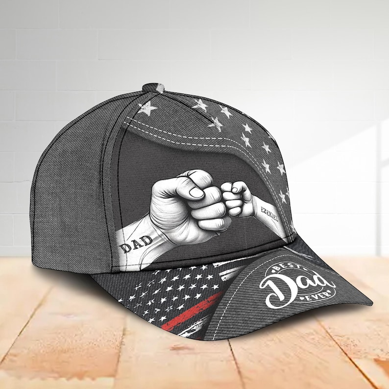Personalized Best Dad Ever Hat – Custom Dad Fist Bump Design with Kids' Names, Patriotic American Flag