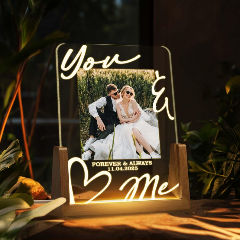 Custom You And Me Couple Photo, LED Night Light Personalized Wedding Engagement Anniversary Gift