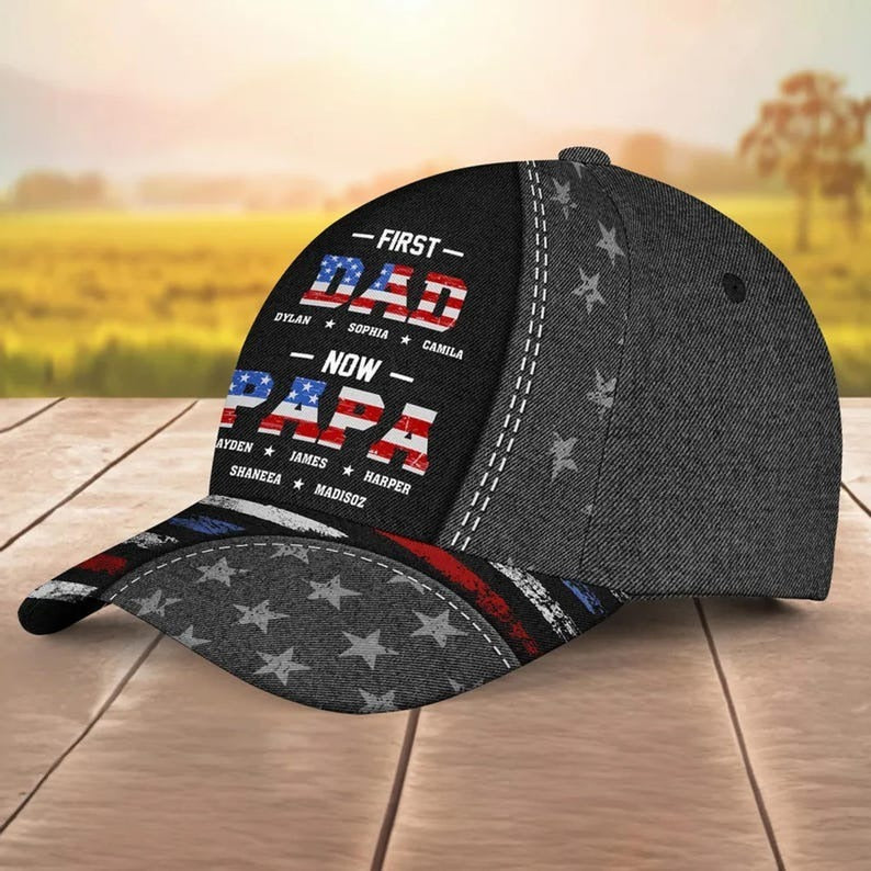 First Dad Now Papa Hat – Custom Name Baseball Cap with Patriotic Stars, Perfect for Father’s Day