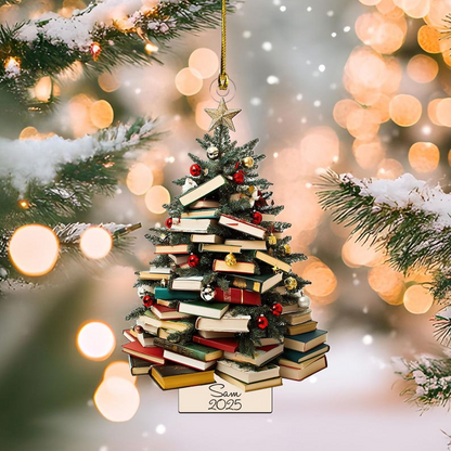 Personalized Book Lover Ornament 2025 – Custom Name Book Stack Christmas Tree Ornament, Gift for Readers