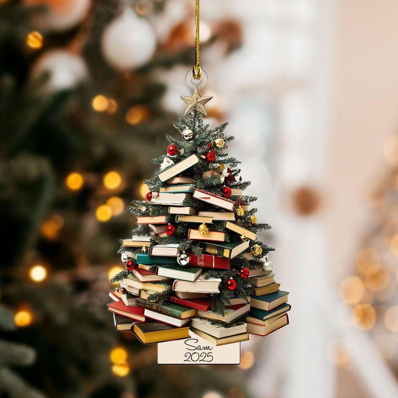 Personalized Book Lover Ornament 2025 – Custom Name Book Stack Christmas Tree Ornament, Gift for Readers