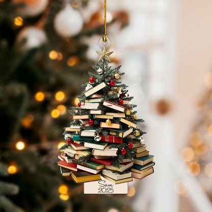Personalized Book Lover Ornament 2025 – Custom Name Book Stack Christmas Tree Ornament, Gift for Readers