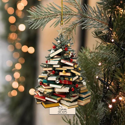 Personalized Book Lover Ornament 2025 – Custom Name Book Stack Christmas Tree Ornament, Gift for Readers