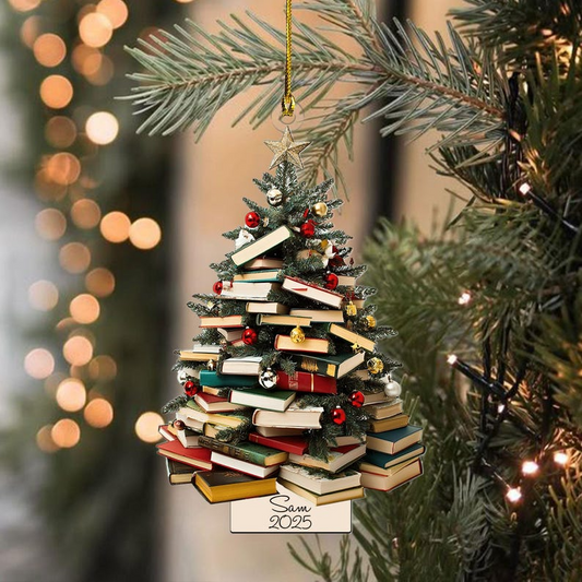 Personalized Book Lover Ornament 2025 – Custom Name Book Stack Christmas Tree Ornament, Gift for Readers