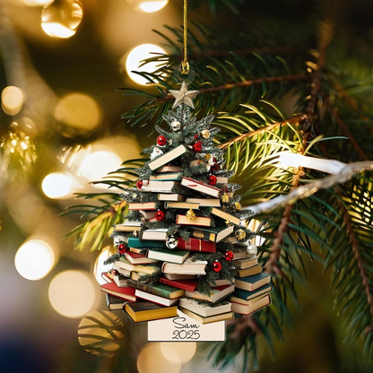 Personalized Book Lover Ornament 2025 – Custom Name Book Stack Christmas Tree Ornament, Gift for Readers