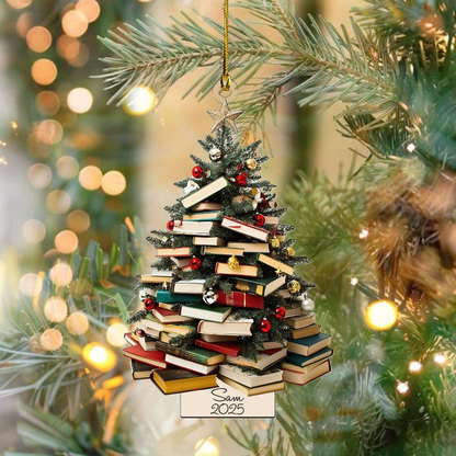 Personalized Book Lover Ornament 2025 – Custom Name Book Stack Christmas Tree Ornament, Gift for Readers