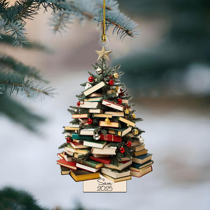 Personalized Book Lover Ornament 2025 – Custom Name Book Stack Christmas Tree Ornament, Gift for Readers
