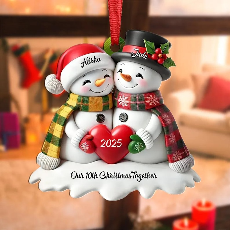 Personalized Couple Snowman Ornament 2025 – Custom Names Christmas Gift for Husband and Wife