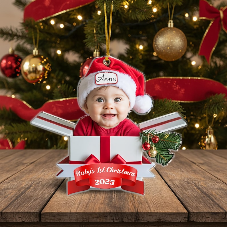 Personalized Baby’s First Christmas Ornament 2025,Custom Baby Photo Ornament,Newborn Keepsake Gift Box,Flat Acrylic Xmas Decor,Funny Newborn