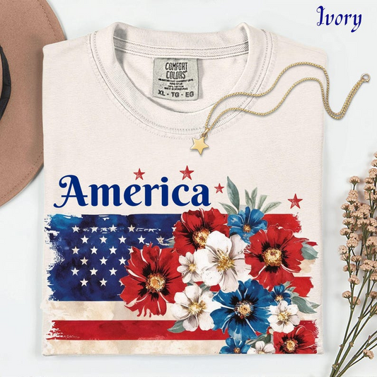 Comfort Colors Vintage America 250 Years Graphic Tee for Women, Patriotic Floral American Flag Shirt, Independence Day USA Apparel