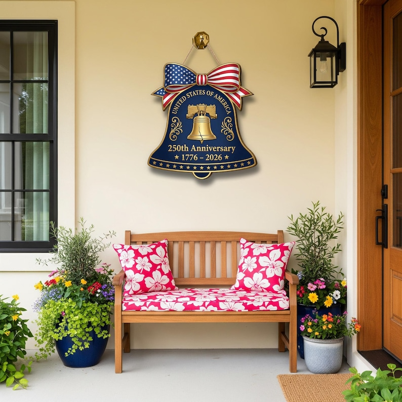 250th Anniversary American Liberty Bell Wood Sign, Patriotic Door Hanger, United States of America 1776-2026
