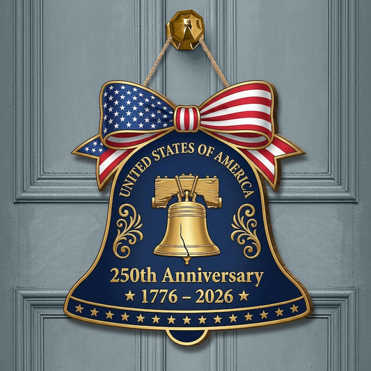250th Anniversary American Liberty Bell Wood Sign, Patriotic Door Hanger, United States of America 1776-2026