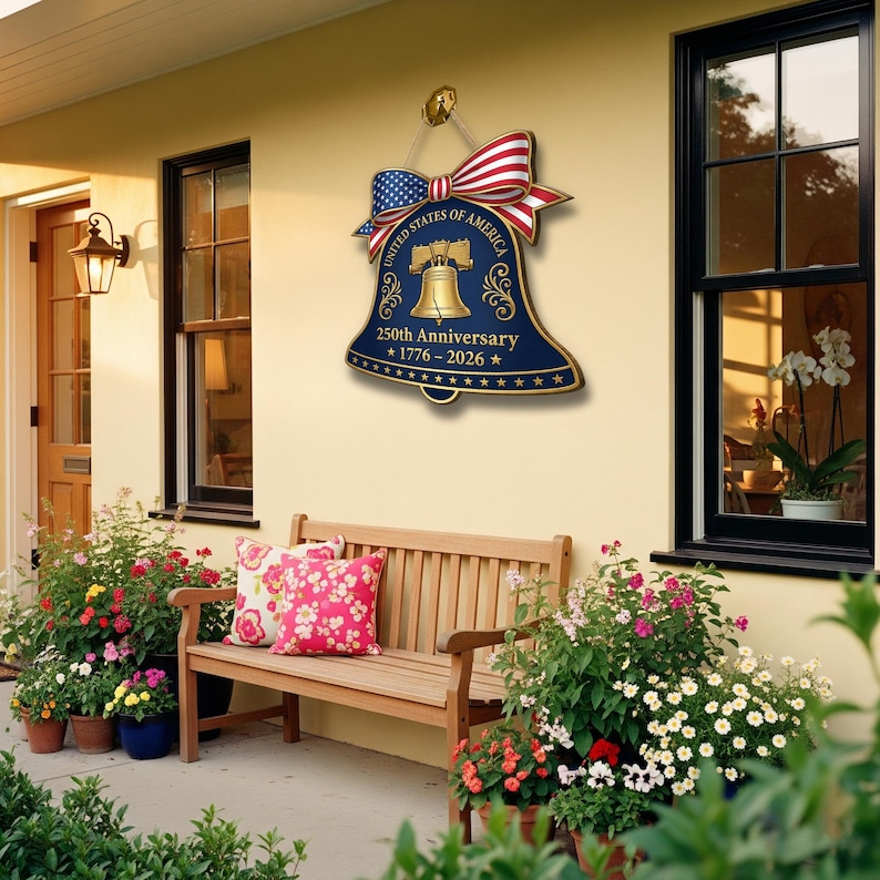 250th Anniversary American Liberty Bell Wood Sign, Patriotic Door Hanger, United States of America 1776-2026