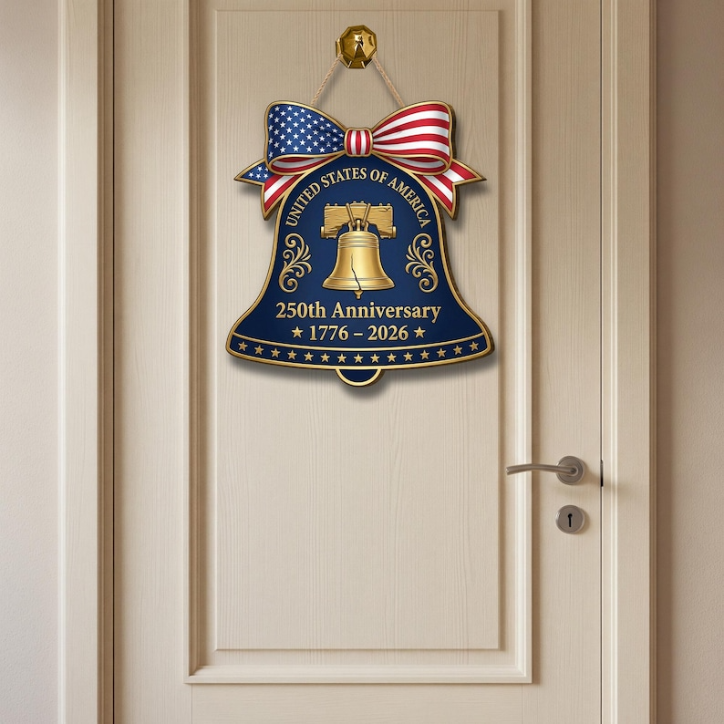 250th Anniversary American Liberty Bell Wood Sign, Patriotic Door Hanger, United States of America 1776-2026