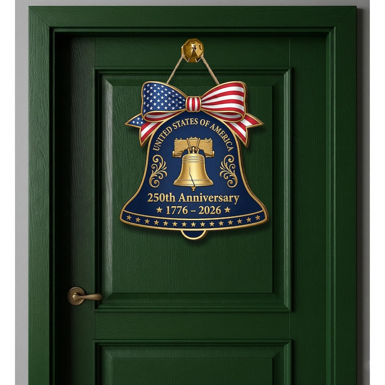 250th Anniversary American Liberty Bell Wood Sign, Patriotic Door Hanger, United States of America 1776-2026
