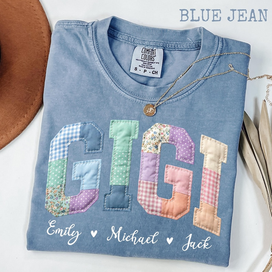 Comfort Colors Gigi Patchwork T Shirt – Faux Embroidered Mimi Shirt Design Shirt for Mom, Custom Mom or Grandma Gift