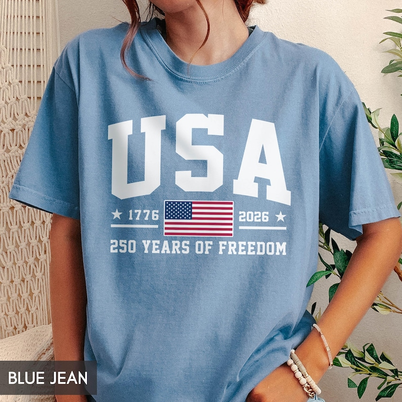 Comfort Colors USA 250 Years of Freedom Shirt Patriotic American Flag Graphic Tee 1776-2026 Independence Day Anniversary