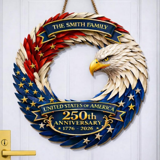 Custom Family Name Eagle Wood Sign, 250th Anniversary USA Patriotic Wreath, American Flag Design 1776-2026