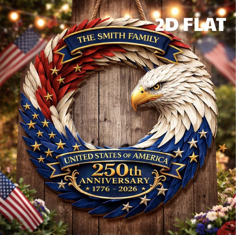 Custom Family Name Eagle Wood Sign, 250th Anniversary USA Patriotic Wreath, American Flag Design 1776-2026