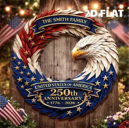 Custom Family Name Eagle Wood Sign, 250th Anniversary USA Patriotic Wreath, American Flag Design 1776-2026