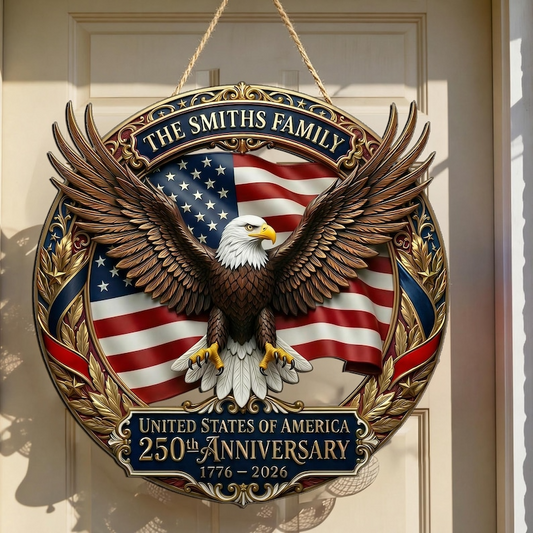 Personalized 250th Anniversary American Eagle Wood Sign, Family Name Door Hanger, Patriotic USA Decoration 1776-2026