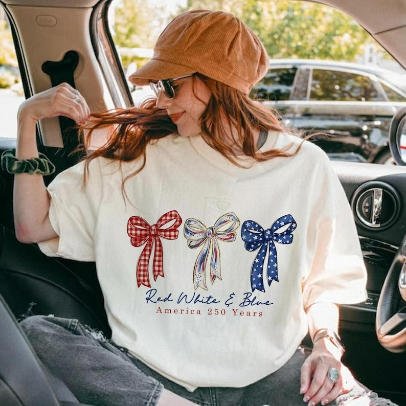 America 250 Years Patriotic Tee Red White and Blue Bows Graphic T Shirt Independence Day Celebration