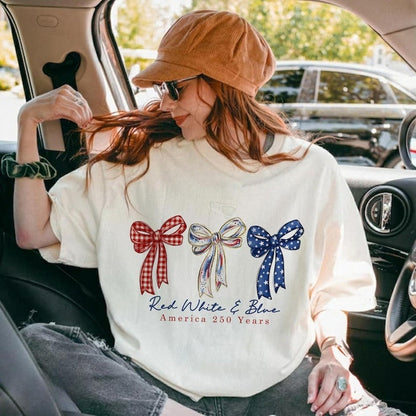 America 250 Years Patriotic Tee Red White and Blue Bows Graphic T Shirt Independence Day Celebration