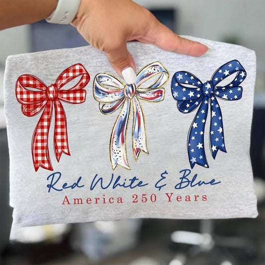 America 250 Years Patriotic Tee Red White and Blue Bows Graphic T Shirt Independence Day Celebration
