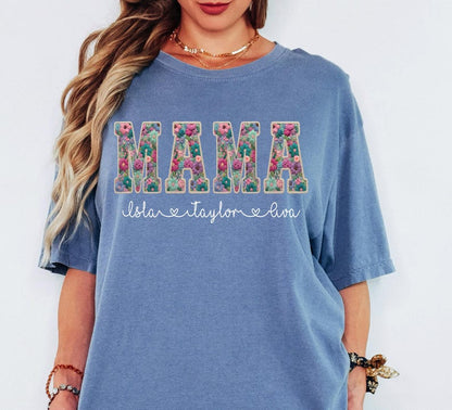 Comfort Colors® Custom Floral MAMA Shirt, Personalized Mama Tee with Kids' Names, Gift for Mother's Day