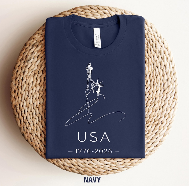 USA 1776 2026 Shirt, Minimalist Statue of Liberty Line Art Tee, Patriotic American Freedom T Shirt for Women Men, 250th Anniversary Shirt