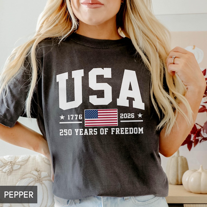 Comfort Colors USA 250 Years of Freedom Shirt Patriotic American Flag Graphic Tee 1776-2026 Independence Day Anniversary