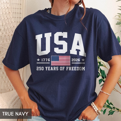 Comfort Colors USA 250 Years of Freedom Shirt Patriotic American Flag Graphic Tee 1776-2026 Independence Day Anniversary