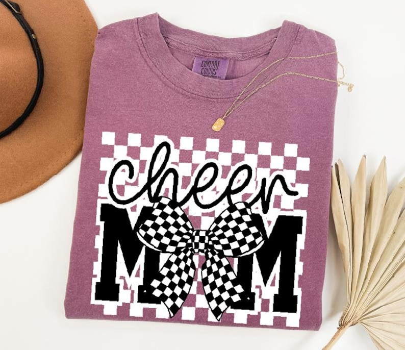 Comfort Colors Cheer Mom Shirt Checkered Bow Cheerleading Mom T Shirt Stylish Sports Mom Gift Gift For Mother's Day Birthday