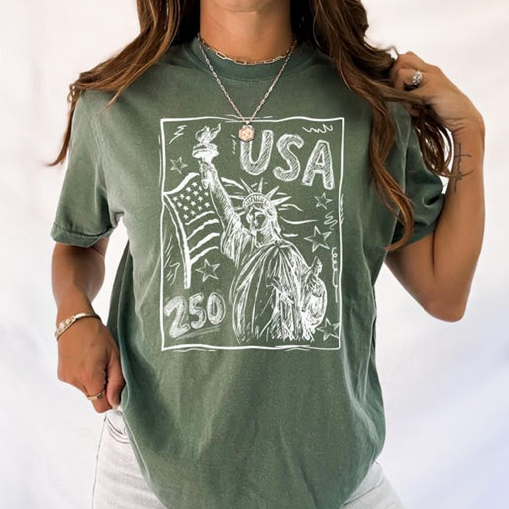 Comfort Colors Patriotic USA 250 T Shirt, Statue of Liberty American Flag Graphic Tee, U.S. 250th Anniversary Fourth of July Outfit